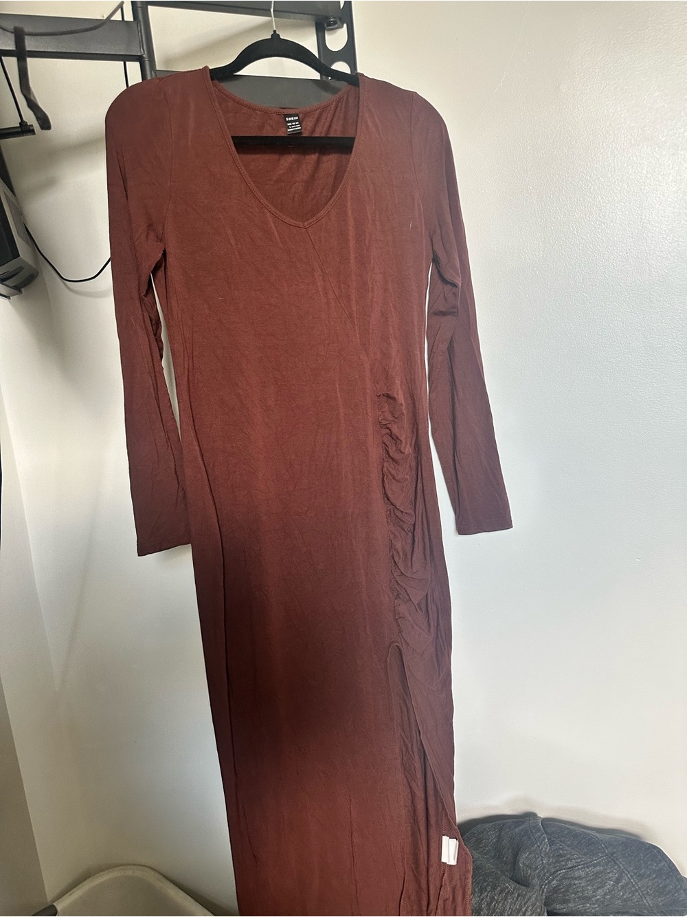 SHEIN Brown Long Sleeve Ruched Side Maxi Dress